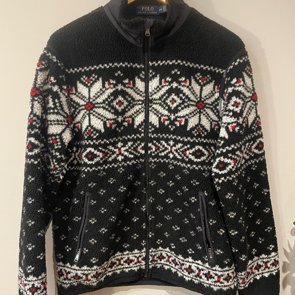 Ralph Lauren Black Sherpa Zip-Up Sweater with White & Red Fair Isle